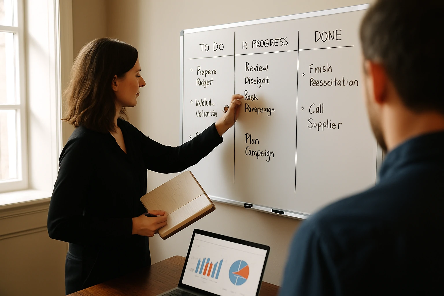 Employee writing on visual task board with progress columns in a modern office