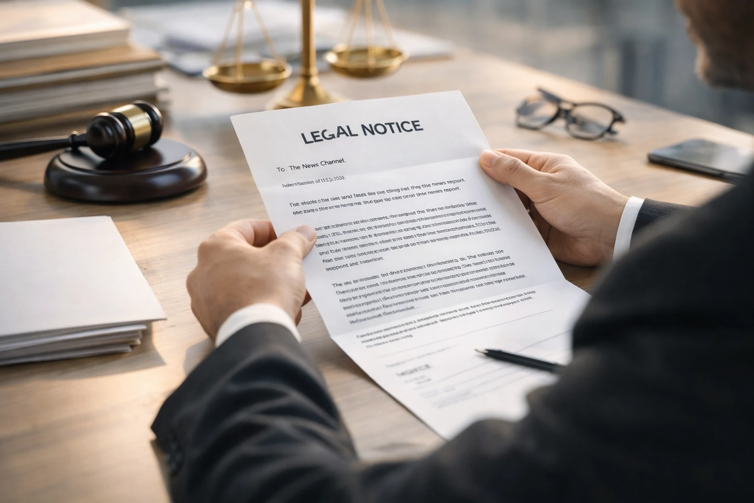 Close-up of an Indian lawyer in a formal suit reading a legal complaint document.