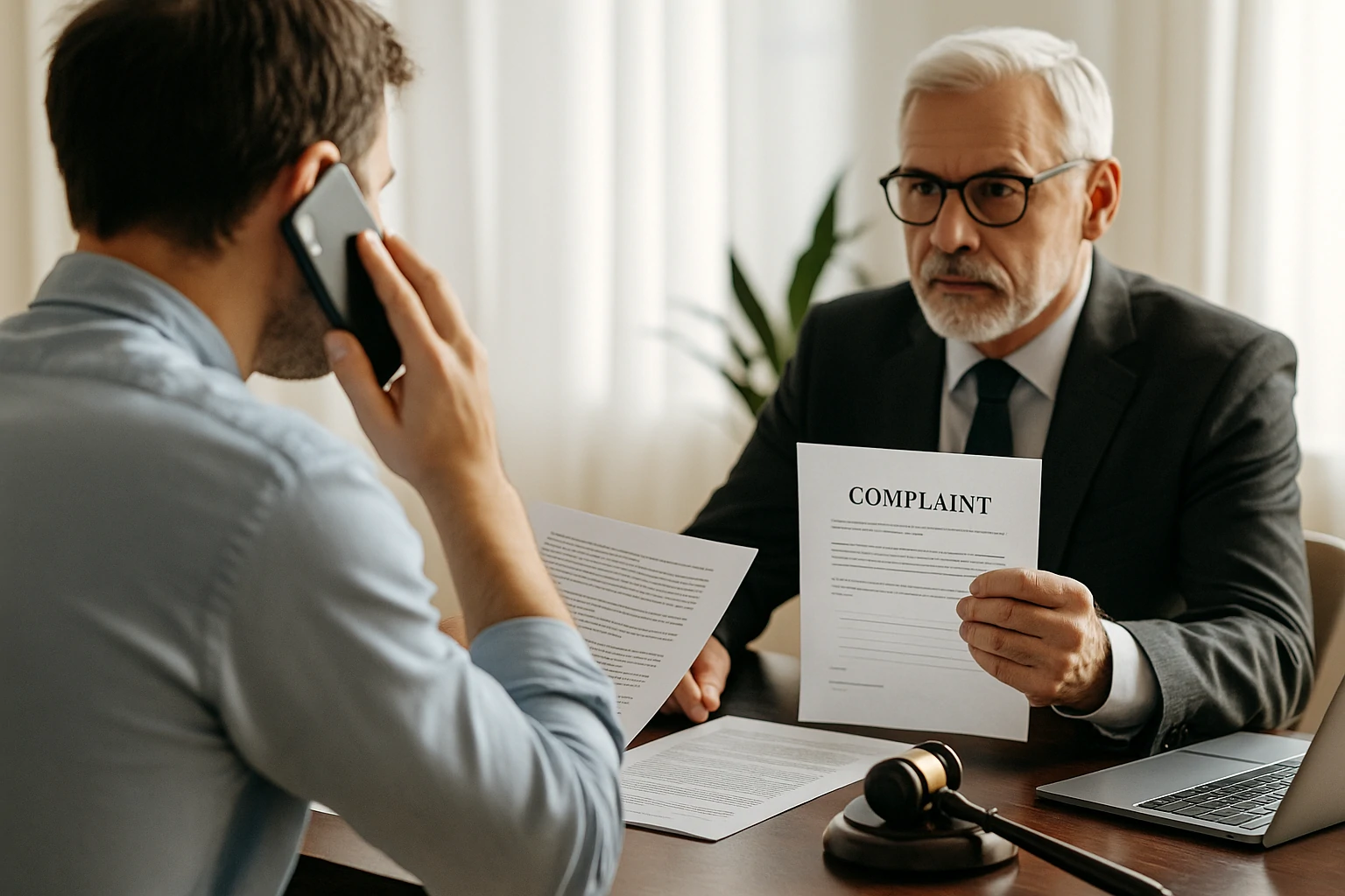 A concerned man consults a lawyer about suing Augusta Precious Metals, seated in a bright office with documents spread across the table.