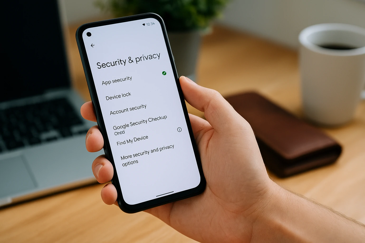 Hand holding an Android phone showing security and privacy settings screen.