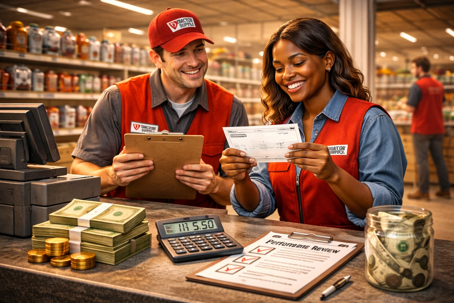 Tractor Supply employees smiling while discussing paycheck and performance review at checkout.