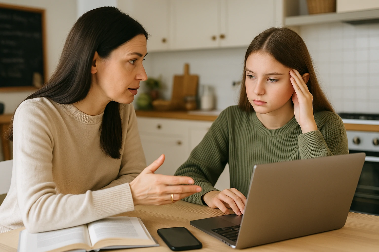 A mother with long dark hair speaks gently to her teenage daughter in a green sweater, who looks concerned while using a laptop at a kitchen table.