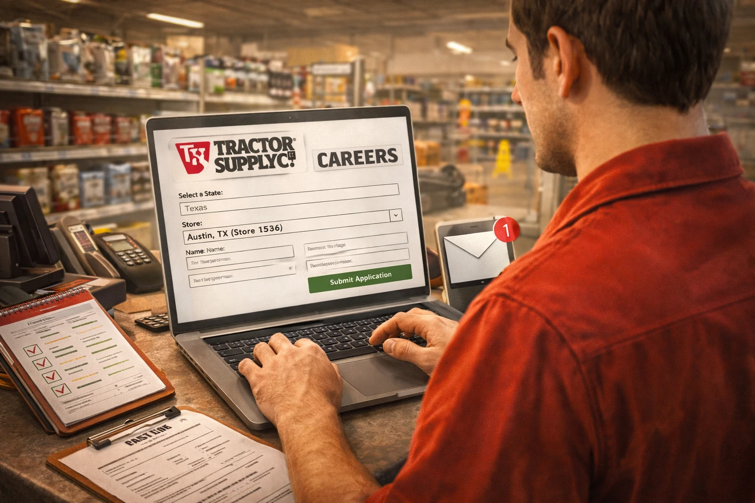 Tractor Supply applicant sitting inside store with resume and application form.