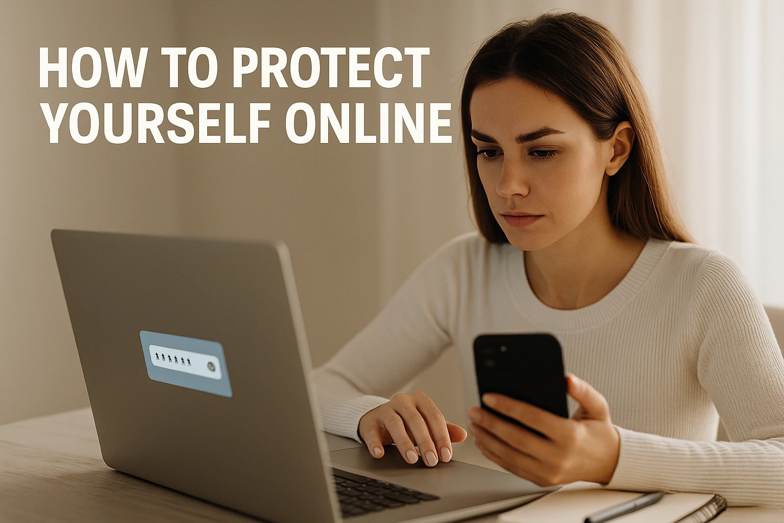 Woman using laptop and phone to secure her online presence with strong passwords and privacy settings.