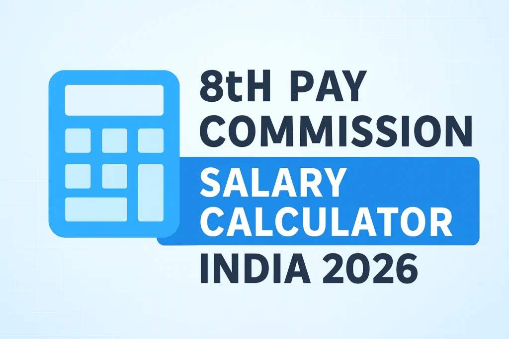 Digital graphic showing 8th Pay Commission Salary Calculator India 2026 with highlighted salary estimate boxes and user inputs