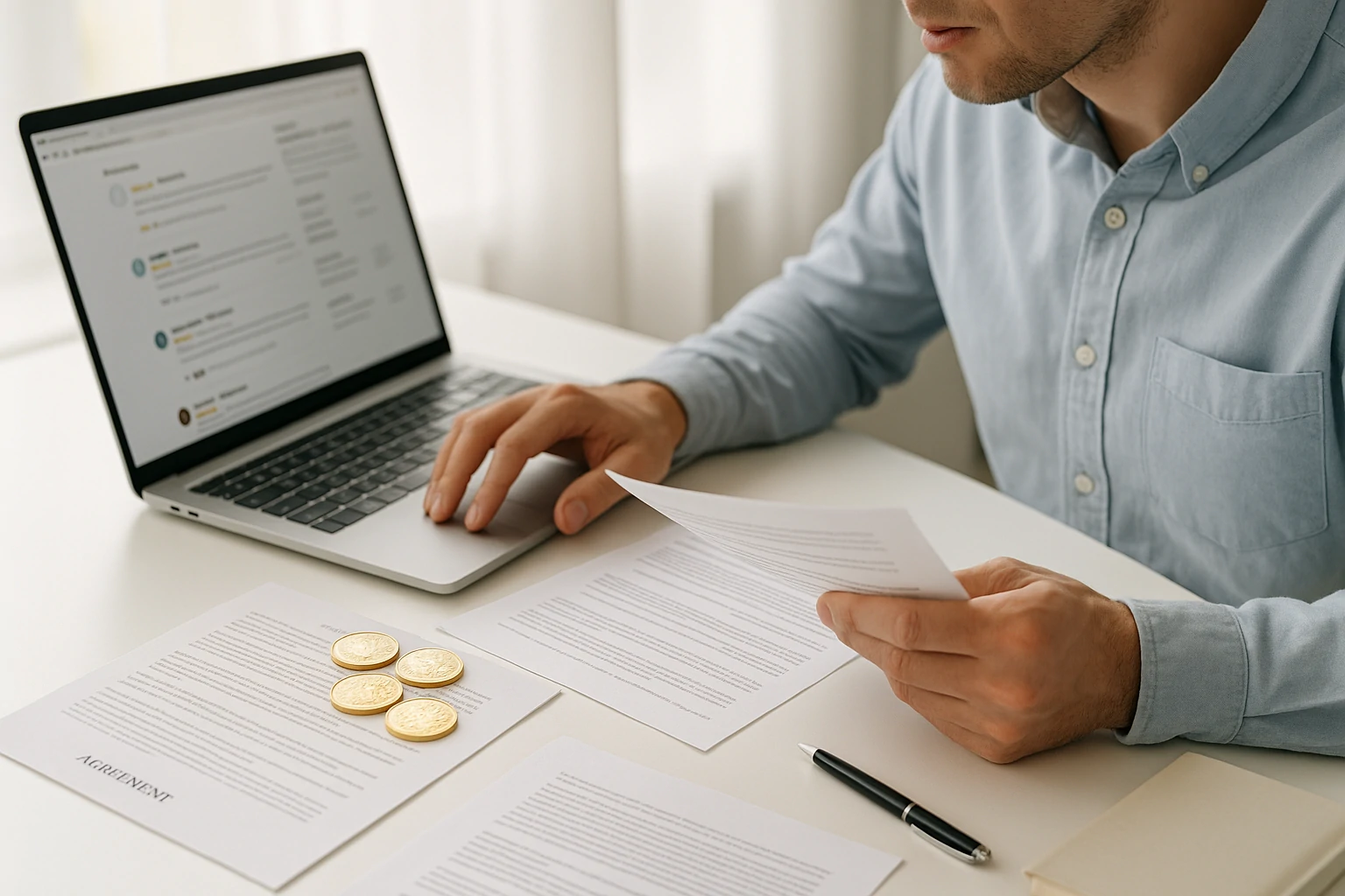 Man reviewing gold IRA documents with checklist, laptop, and financial paperwork in bright home office