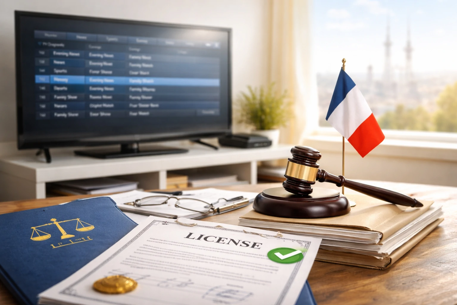 Legal TNT television setup in France showing licensed broadcast documents, a TV schedule screen, and public television equipment under French law.