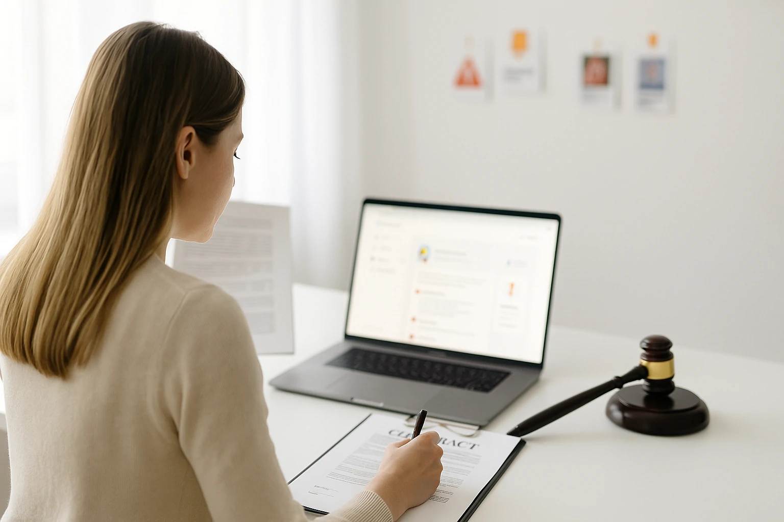 A woman with her back turned, standing in soft natural light, symbolizing legal risks and online privacy concerns on social media forums.