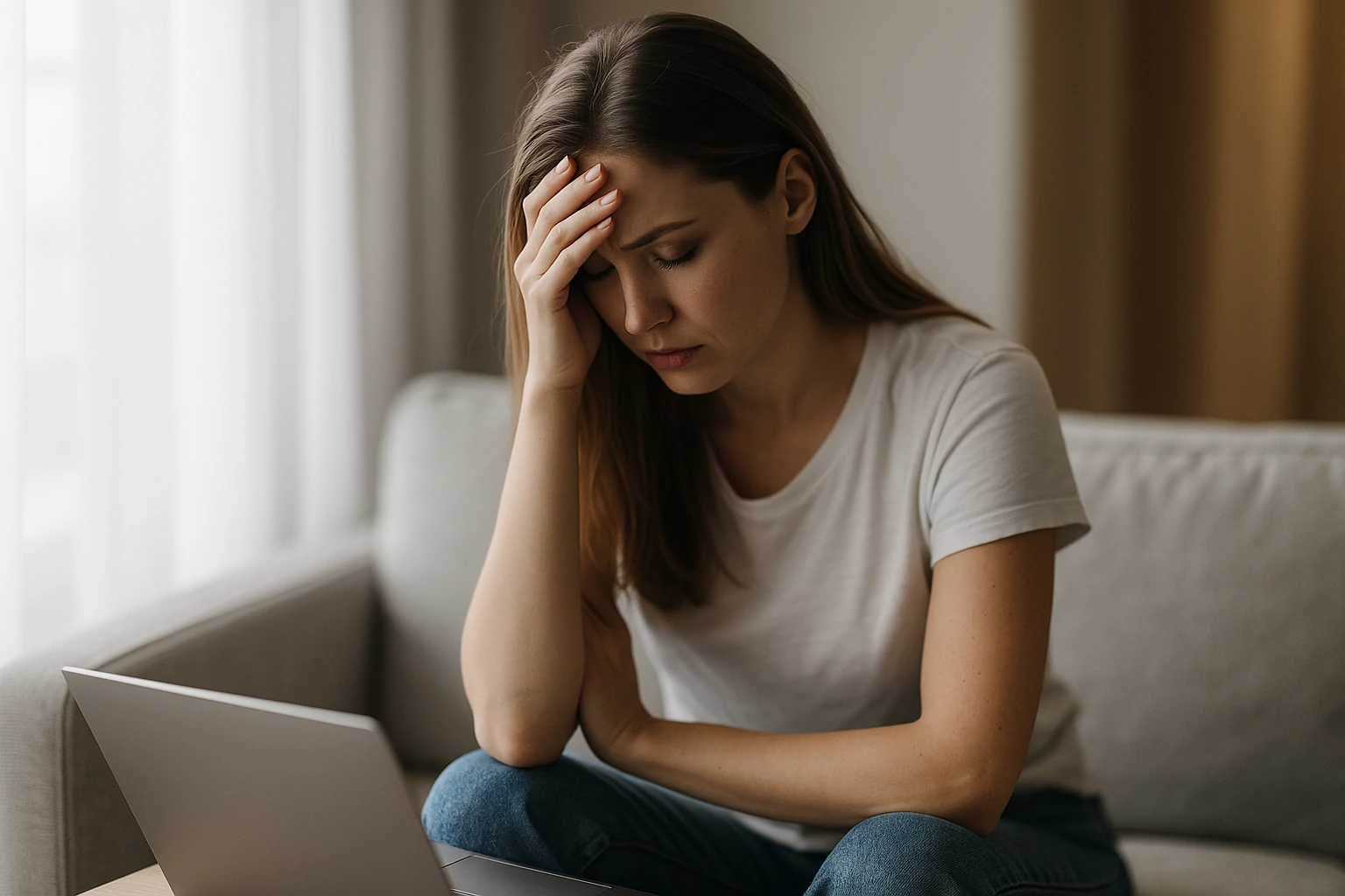 A young woman looks worried in a softly lit room, showing the emotional impact of online exposure and doxxing threats.