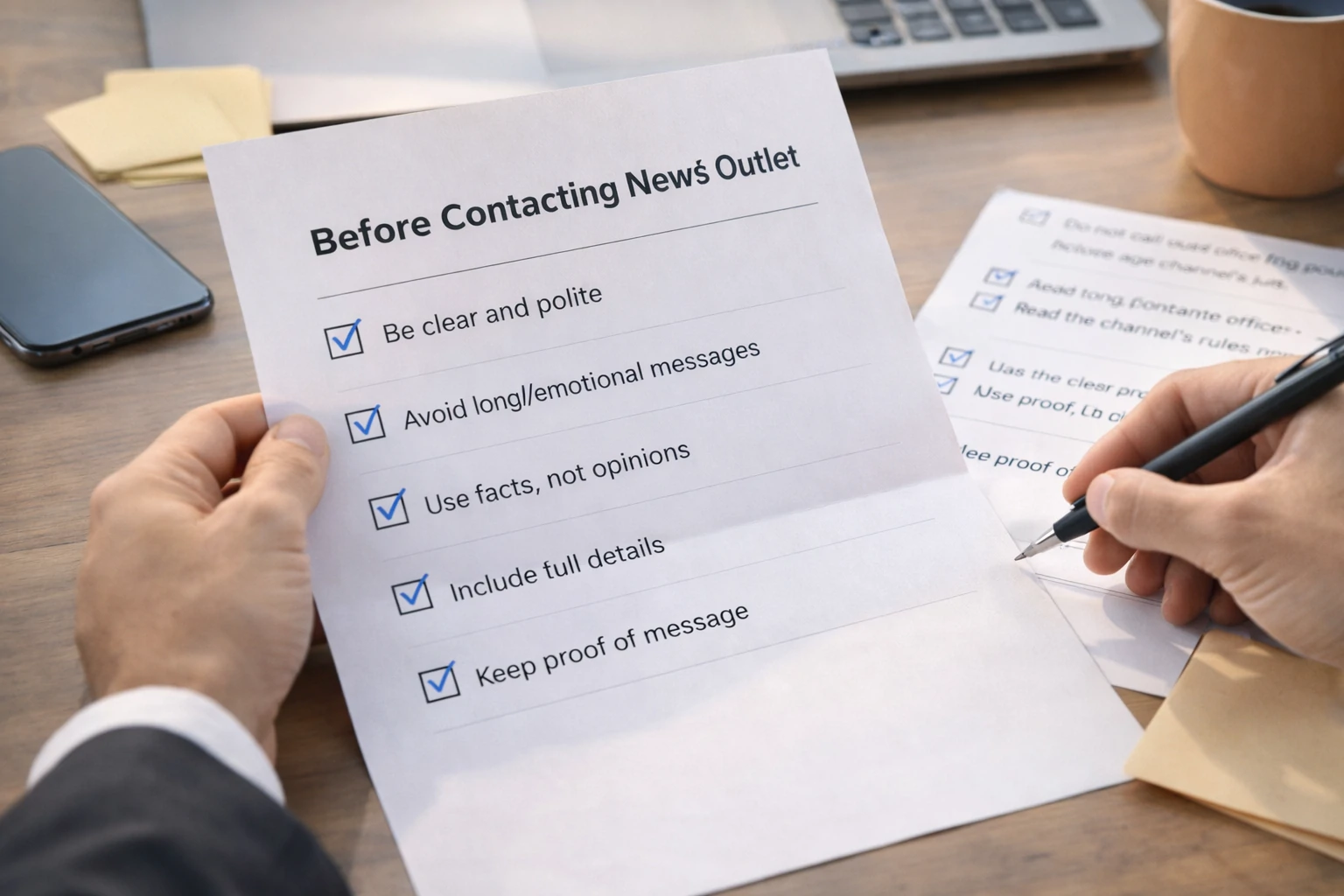 Close-up of a person’s hand holding a pen and writing a complaint letter on paper beside a smartphone and notepad.