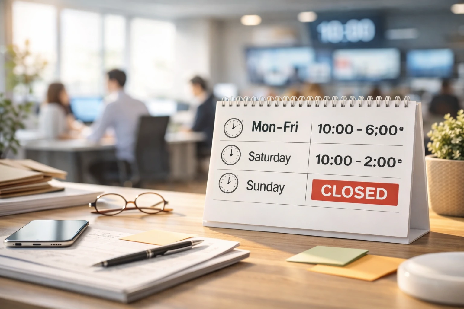 High-resolution office desk with wall clock showing 10:00 AM, soft white lighting, symbolizing Vistaar News contact working hours