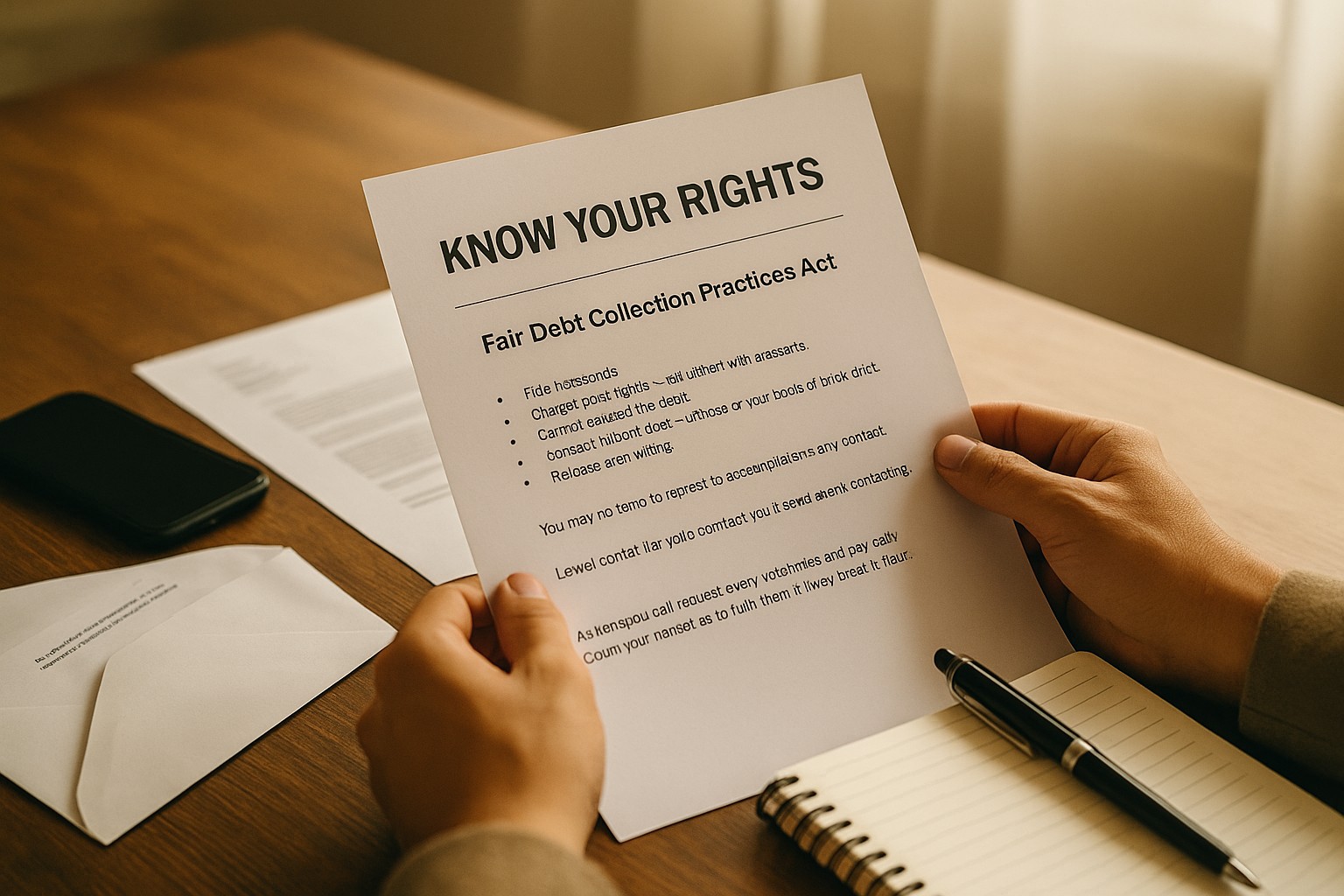 Person documenting debt collection calls and saving letters on a clean desk lit by natural daylight.