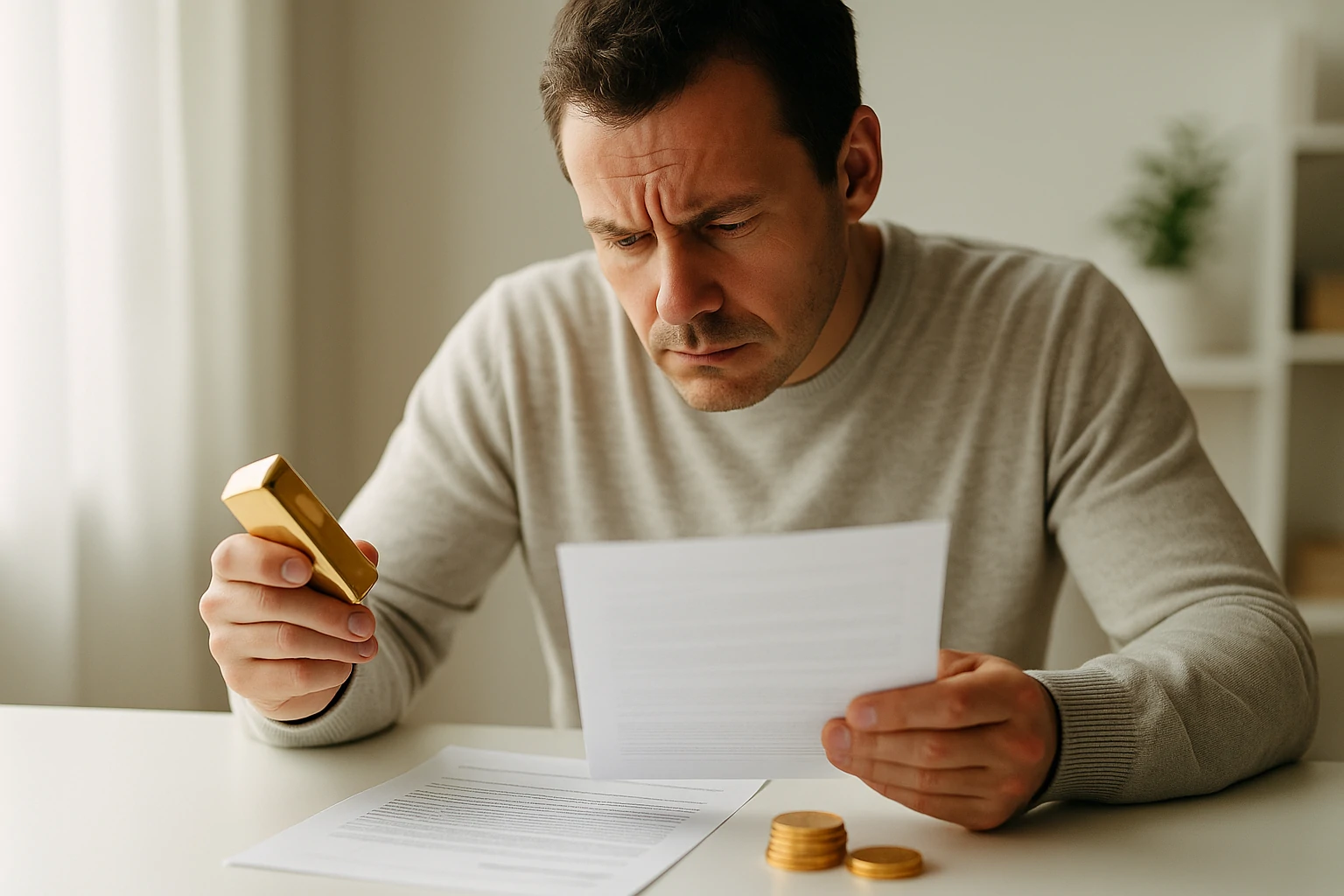 Man reviewing Augusta Precious Metals complaints on a white-themed desk with documents, gold coins, and natural light.