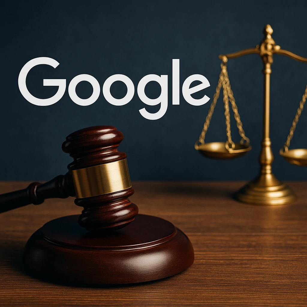 Judge’s gavel and justice scales with Google logo representing legal issues and privacy lawsuit