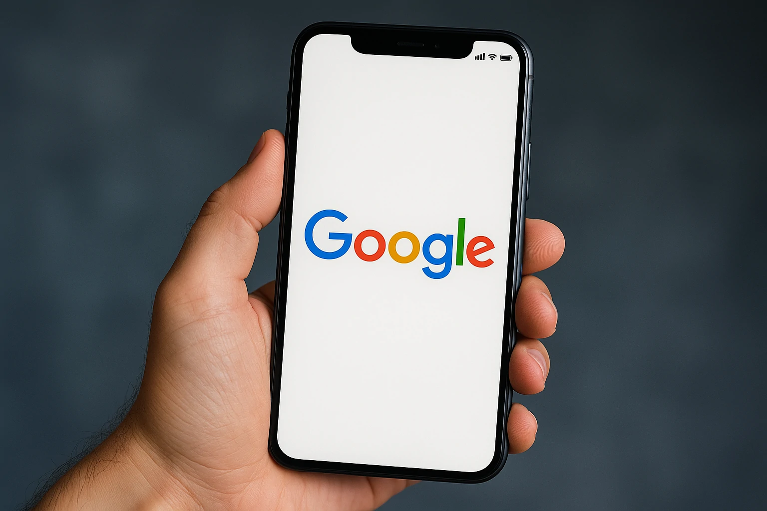 Close-up of a hand holding an Android smartphone with the Google logo on screen.