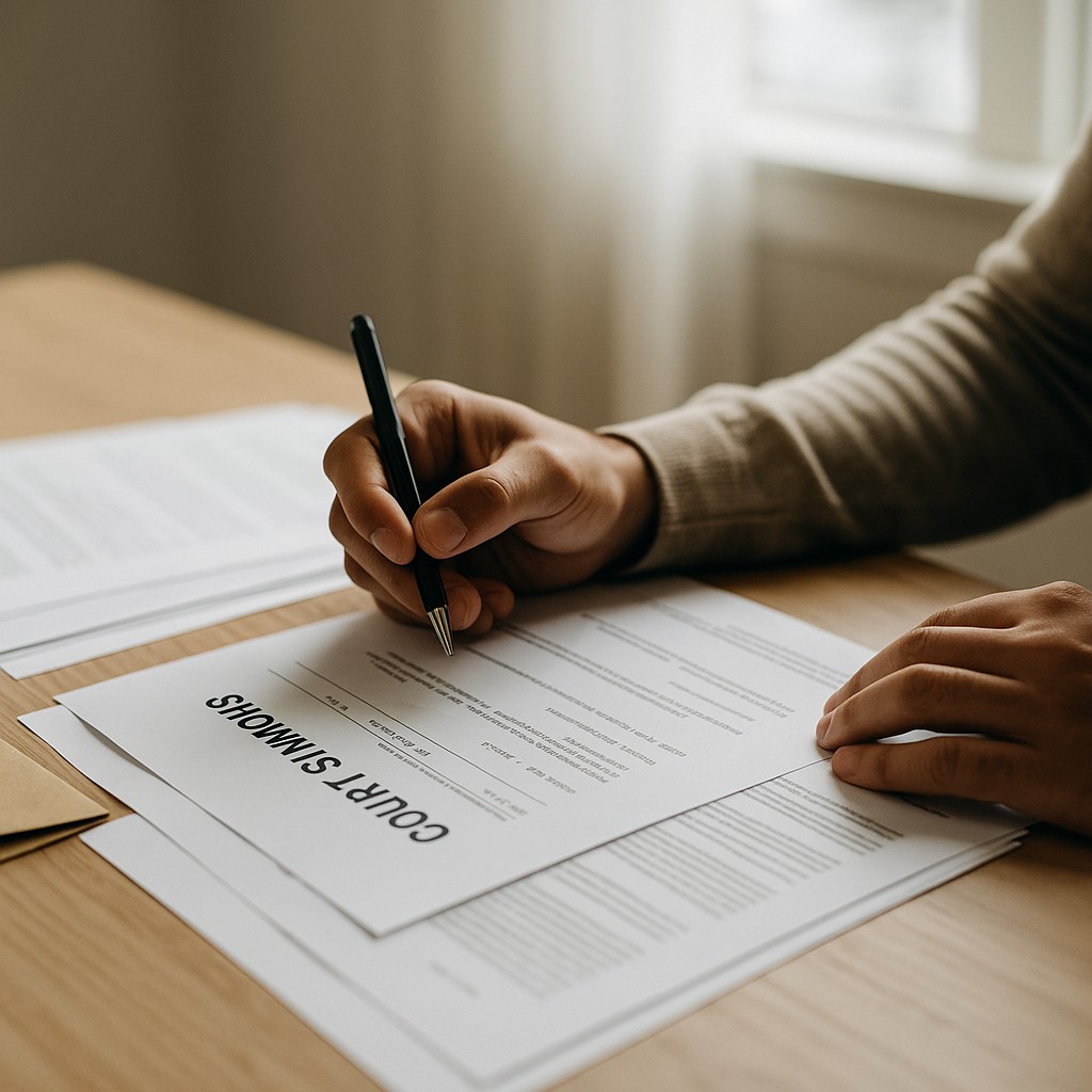 Man reviewing court summons documents in natural daylight on a wooden desk.