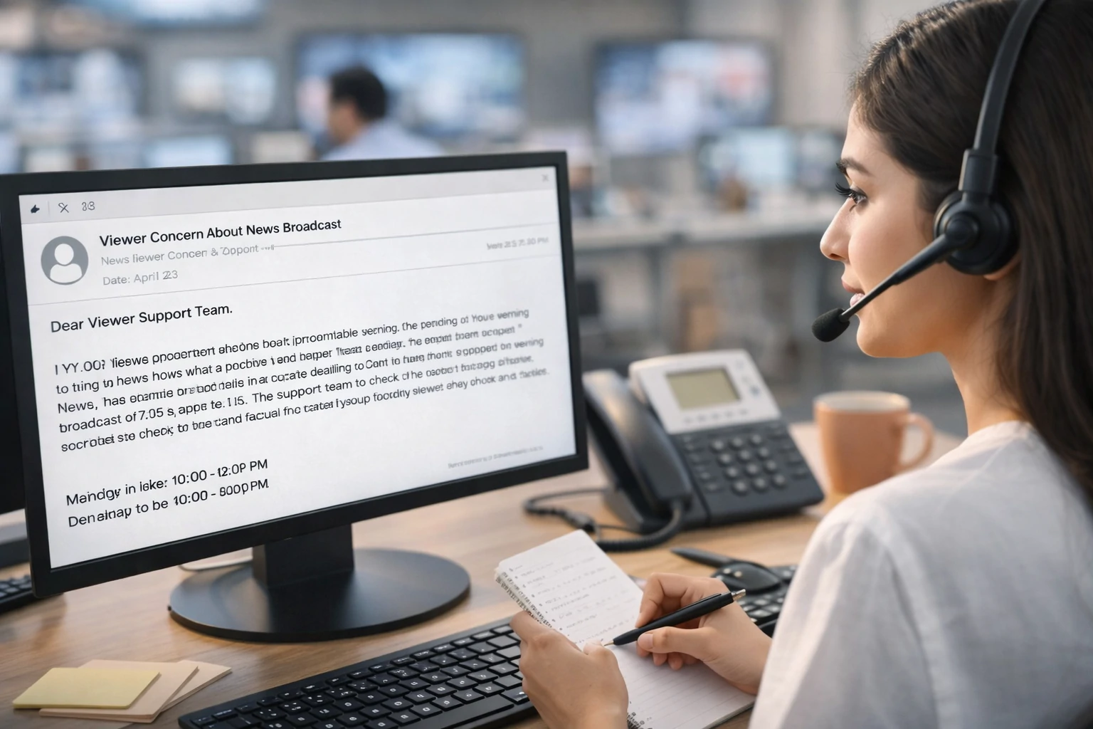 woman at a help desk with a headset, offering viewer support in a modern office during daylight hours.