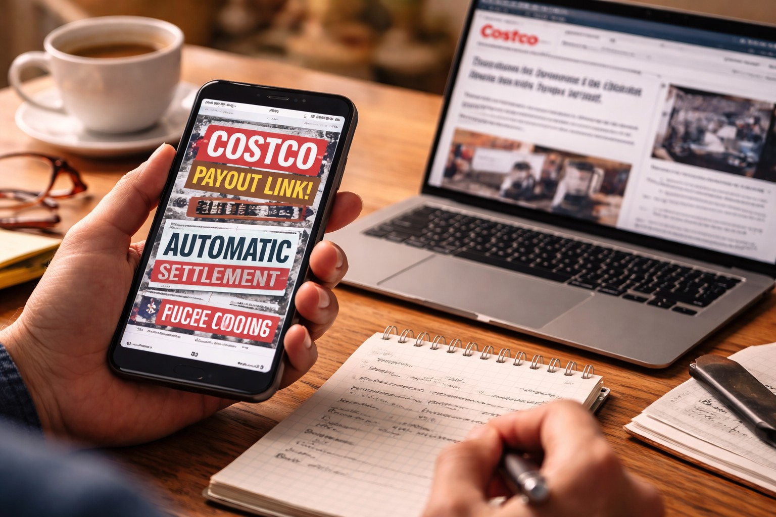 Costco Canada class action lawsuit myths concept showing a shopper viewing fake settlement headlines on a smartphone while reading trusted lawsuit updates on a laptop at home.