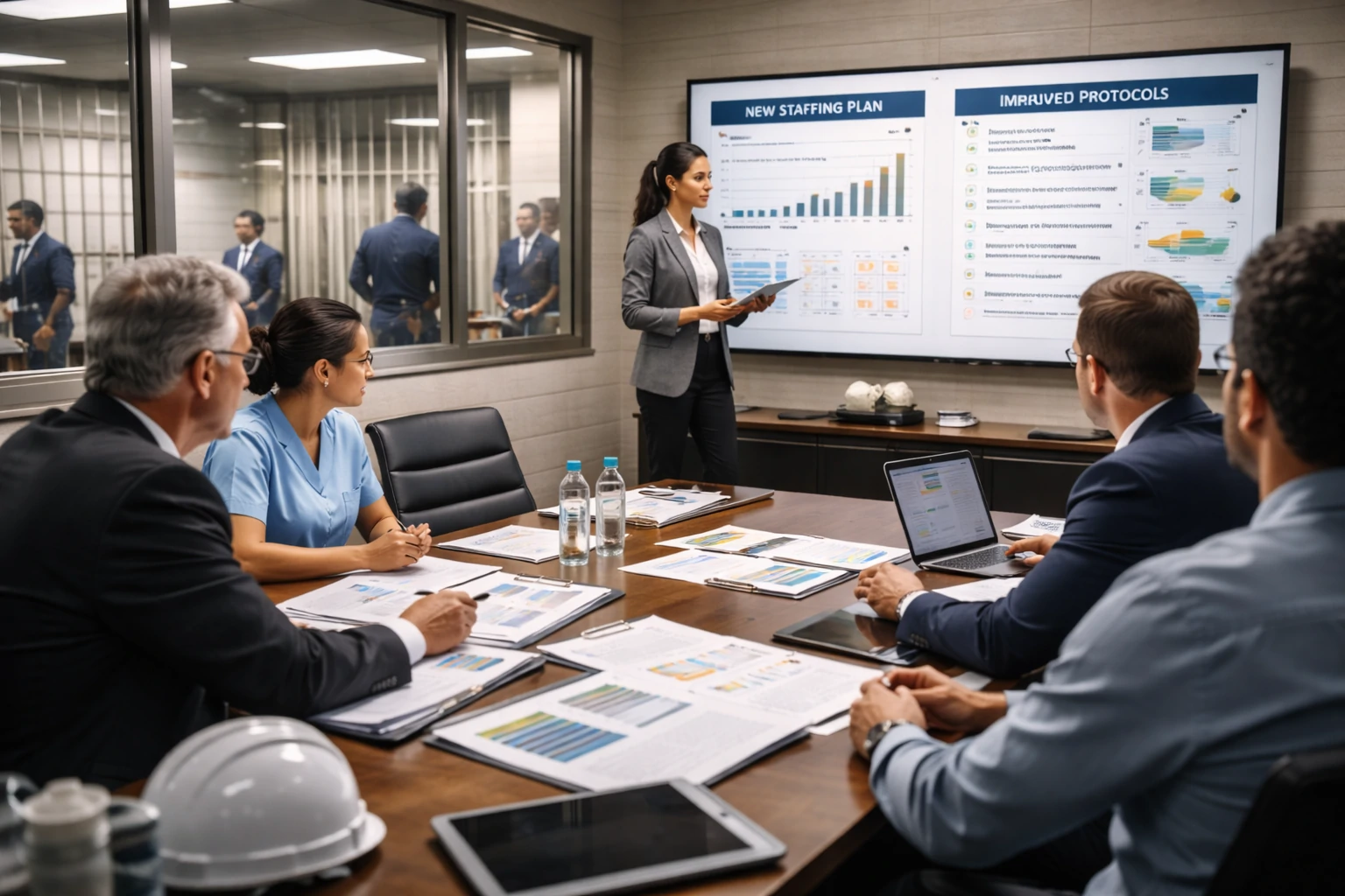 Correctional facility officials and healthcare administrators reviewing audit reports and staffing plans after a lawsuit, showing how prison healthcare lawsuits can lead to system changes.