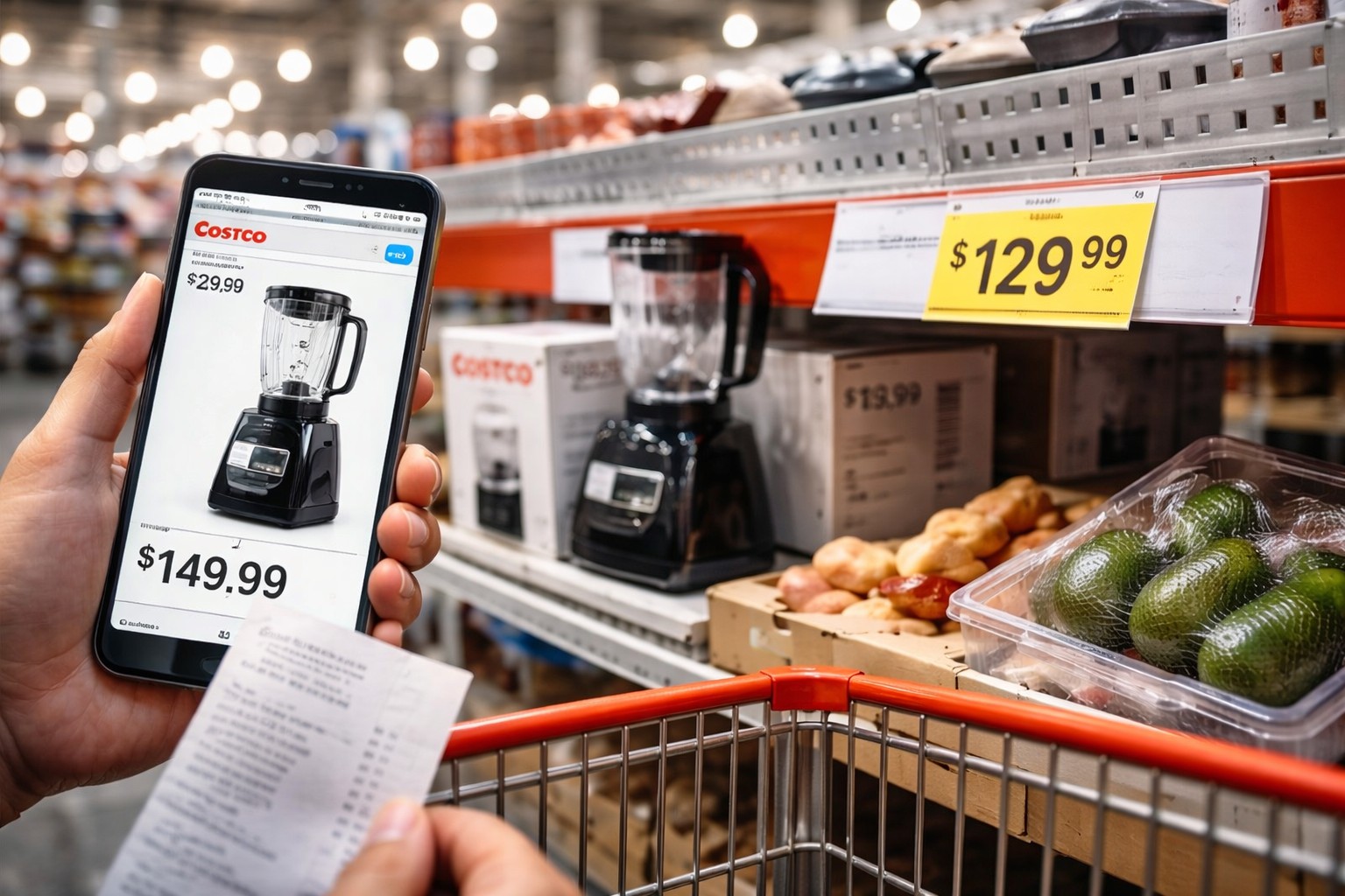 Costco Canada class action lawsuit concept showing a shopper comparing Costco.ca online price on a phone with a lower warehouse shelf price tag inside a Costco store.