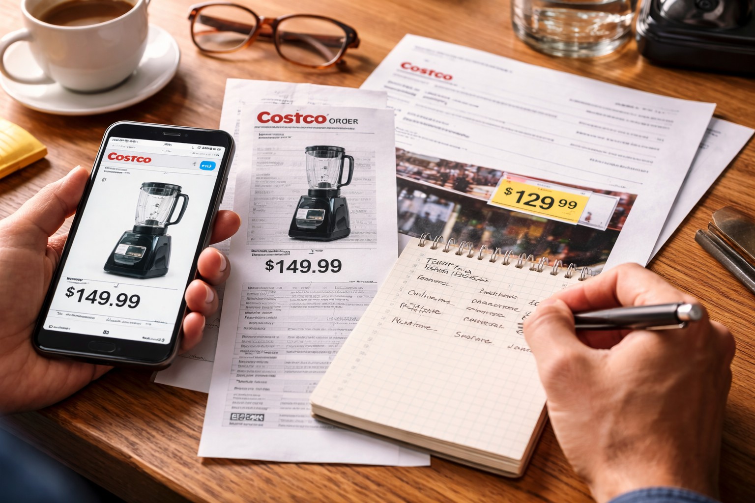 Costco Canada class action lawsuit checklist concept showing a shopper saving Costco.ca receipts, order confirmation papers, and screenshots of online prices while writing price comparison notes.